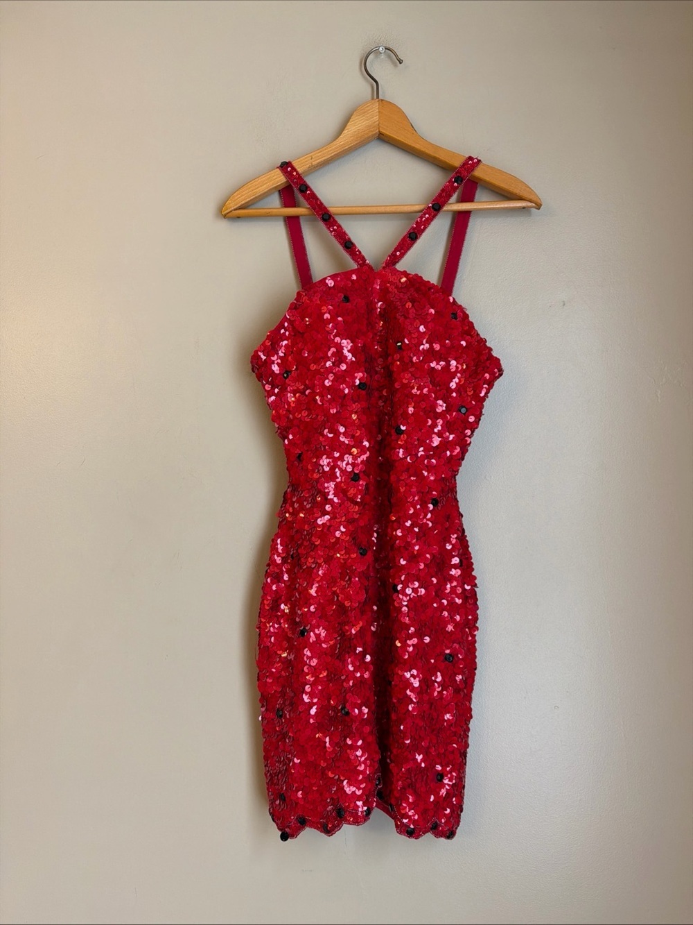 Vintage 90s Y2K Scala Red Sequin Beaded Mini Formal Dress 100% Silk Red Dance